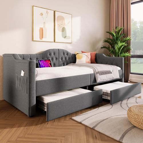Dolamaní Sofá cama de 200 cm de ancho, para habitación juvenil, 3 plazas, con función de cama y función de dormir, con 2 cajones (gris, 90 x 200 cm)