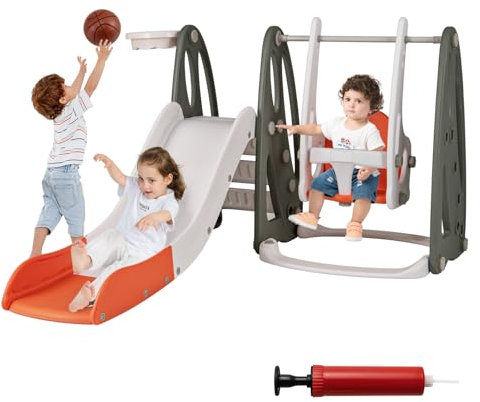 COSTWAY 4 in 1 Parco Giochi per Bambini, Set di Scivolo con Arrampicata Altalena Regolabile in Altezza Scivolo e Canestro da Basket, per Bambini 18 Mesi +, 182x150x98 cm (Stile 2 Arancia)
