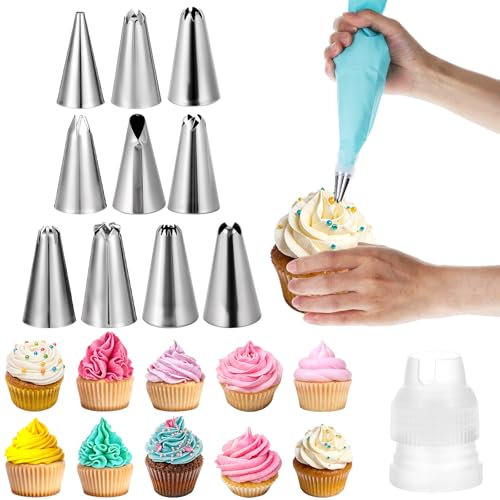 Tyqour Edelstahl Spritztüllen Set, 10 Stück Profi Spritztüllen Groß, Edelstahl Tüllen für Spritzbeutel Spritzsack mit Adapter, Sahne Spritztülle Set für Kuchen, Torten, Cupcakes, Churros, Krapfen
