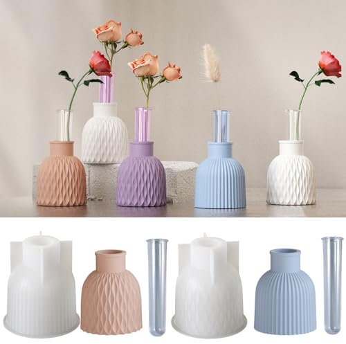 Xidmold 2 Stück Vase Silikonform Kerzenhalter Gießform, Blumenvase Epoxidharz Silikonformen mit 2 Reagenzgläsern, Vase Silikonform Gießform für Kerzenhalter, Hydroponik Pflanzen Stecklinge