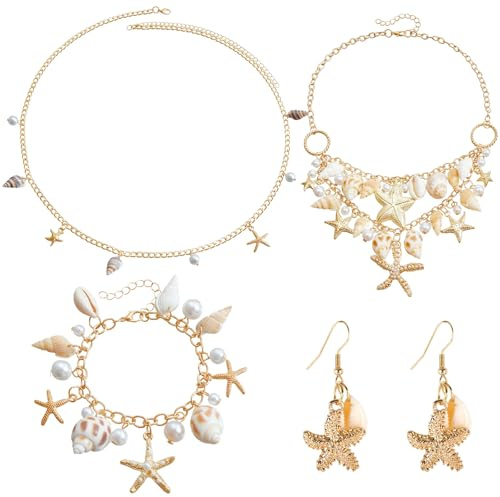 GWAWG 5 stycken snäckhalsband armbandsset, midjearmband i sjöstjärna snäckform, armband, halsband, örhängen, tillbehör för semester vid havet och sommarfester