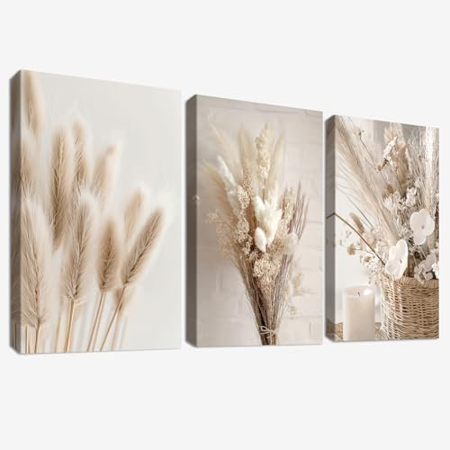 3Pcs Cadre en Bois Impression sur Toile Beige Boho Herbe de Pampa Tableau Image sur Toile Fleur nordique Sauge Herbe Séchée Peinture Tableau Decoration Murale Salon Chambre Salle de Bain 30x40cmx3pcs