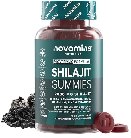 Shilajit Gummies 2000 mg, Ashwagandha, Chaga, Zink, Selen, Järn, Novomins | Högdoserad Himalaya shilajit med vitamin D, energitillskott för kvinnor och män, stödjer energi, uthållighet och vitalitet