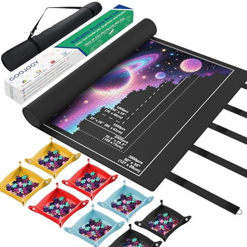 GOOJOOY Rubber Jigsaw Mat for Puzzles Up to 3000 Pieces, Non-Slip Roll Up Puzzle Roll Up Mat 59” x 37.4”, Jigsaw Accessories Storage and Travel Friendly, with 8 Sorting Trays + 1 Storage Bag