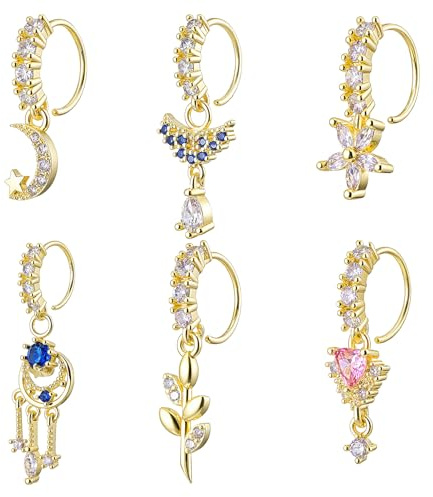 Telooco 6 stycken guld näsring med hänge zirkonia näsring piercing ring kvinnor 20 g nostril piercing piratuppsättningar näsa måne stjärna hjärta blad hänge smycken öra tragus läppring