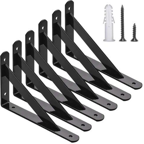6 supporti angolari per scaffali triangolari in acciaio, in metallo, carichi pesanti, con fissaggio, con angolo di 90°, in metallo con viti (250 x 160 mm, nero)
