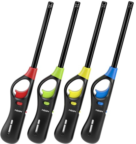 NEON Lighter, Refillable Butane Candle Lighter, 4 Pack Multi-Purpose Reusable Lighters with Long Metal Wand and Adjustable Soft Flame for BBQ, Grill, Stove, Camping, Hiking, Fireplaces, Kitchen