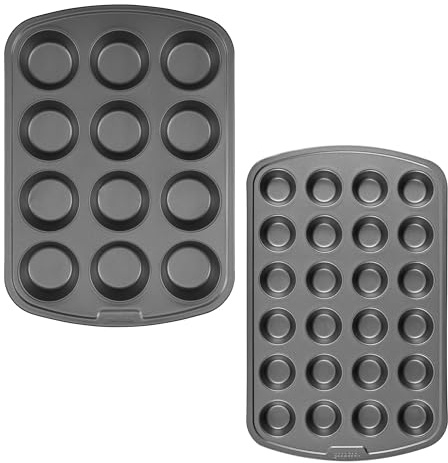GoodCook Set of 2 Everyday Nonstick Muffin Pans – 12‑Cup Standard and 24‑Cup Mini, Gray