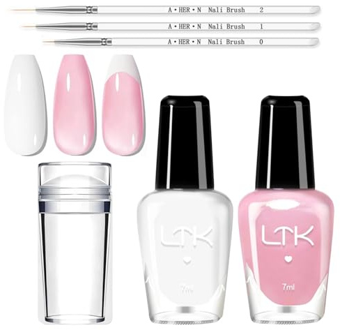 Vernis à Ongles Rose à Séchage Rapide, Vernis à Ongles Blanc Et Rose , Set De Vernis à Ongles Nude Avec Tampon Pour Ongles Et Pinceau, Manucure DIY, Nude, French, Aucune Lampe UV Requise