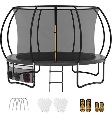 VFU Trampoline Extérieur Ø 222/305/366/427 cm, Trampoline Extérieur Enfant, avec Filet de Sécurité, Couverture de Protection, Échelle