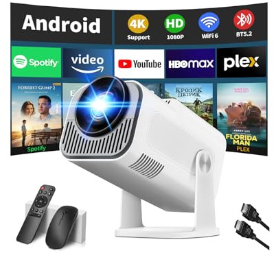 Mini proyector 4K 1080P Full HD Video proyector portátil compatible con WiFi 6 y Bluetooth 5.2, ajuste automático Keystone Aplicaciones integradas inteligente con rotación de 270° para USB/TV Stick