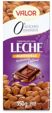 Valor Sugar Free Chocolate Bar - Milk and Almonds Diabetic Chocolate Bar - Made with Fine Cocoa, Sweetened with Stevia, Gluten Free, by Master Chocolatiers - All the Pleasure Sugar-Free, 150g Bar