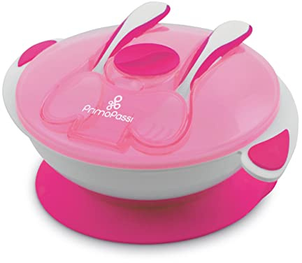 Primo Passi Baby Suction Bowl with Lid, Fork & Spoon Set – BPA-Free Toddler Self Feeding Bowl, Strong Suction Base, Dishwasher & Microwave Safe (Light Pink)