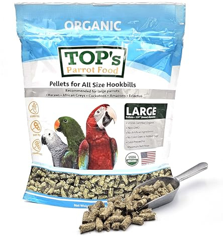 TOP's Parrot Food Pellets Hookbills, Small, Medium, Large Birds - Non-GMO, Peanut Soy & Corn Free, USDA Organic Certified - 1 lb / 453 g