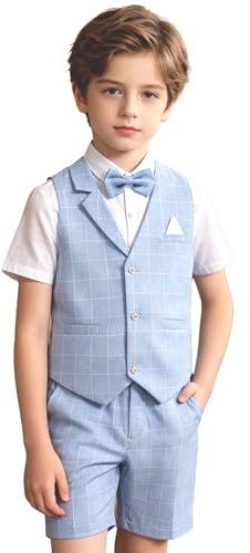 LOLANTA 4 pzs Trajes para Niños de Boda Verano, Conjunto Niño Vestir de Ceremonia Bautizo, Chaleco Pantalón Camisa con Pajarita, 10-11 años, Azul, Talla 150