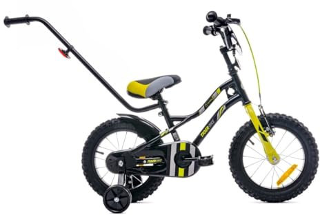 sun baby Jungenfahrrad 14 Zoll Jungen Kinderfahrrad Tiger Bike Leicht Stützräder mit Schubstange ab 2-6 Jahre BMX Fahrrad Kinder (Schwarz-Gelb, 14 Zoll)