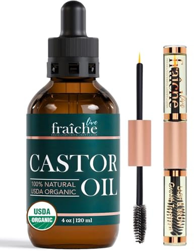 Live Fraiche Organic Castor Oil (4oz) + Filled Mascara Tube, 100% USDA Pure, Cold Pressed, Hexane Free Lash Serum Hair Growth Oil for Eyelashes, Eyebrows, Hair - Brow and Hair Treatment Oil