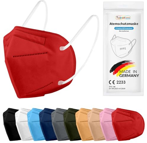 TubeRoo Lot de 5 masques FFP2 MHD 03.2025 rouges fabriqués en Allemagne, avec boucles d'oreilles souples, masque respiratoire, masque de protection, masque anti-poussière