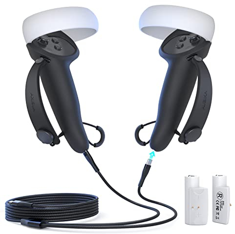 AUBIKA Accessoire pour Meta Oculus Quest 2 Contrôleur, Batterie Poignées pour Contrôleur avec Câble de Chargement et Batterie Rechargeable (1000mAh*2), Ajustable pour Différentes Tailles de Mains-Noir