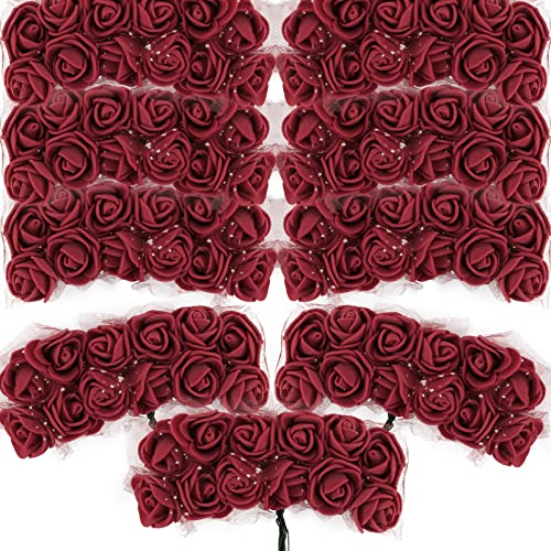 BETESSIN 144 STK. Künstliche Rosen Mini Schaumrosen mit Tüll Weinrot Deko Blumen Schaum mit Stiel 2cm Kunstrosen Köpfe DIY Rosenköpfe Künstlich zum Basteln Party Hochzeit Brautstrauß Geschenk