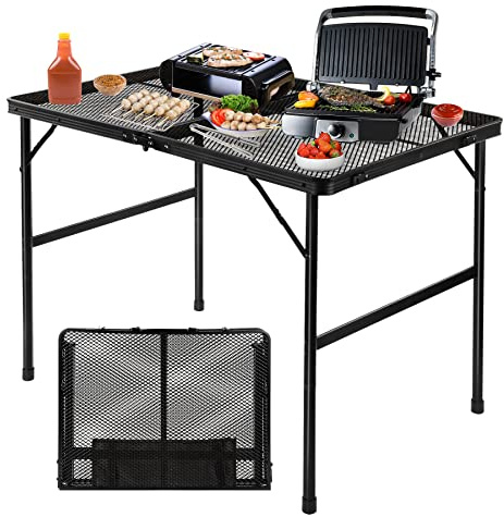 Grovind Folding Grill Table Camping Table with Mesh Desktop, Lightweight 3 FT Metal Table for Outside, Height Adjustable Portable Grill Tables for Camping, Picnic, Beach and BBQ, RV