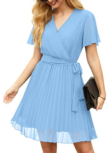 GRECERELLE Womens Summer Casual Wrap Dress Chiffon Cute Pleated Beach Tie Waist Dresses for Women (Light Blue, L)