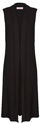 Tease Ladies Sleeveless Maxi Long Length Boyfriend Cardigan Collared Top Long Floaty (Black, 18)