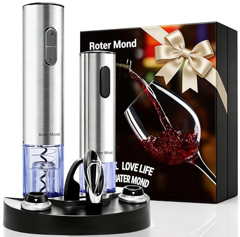 Electric Wine Opener Set, Roter Mond Automatic Wine Bottle Opener with Charging Base, 7-in-1 Wine Present with Wine Aerator Pourer Electric Vacuum Pump with 2 Stoppers Wine Foil Cutter for Home Party