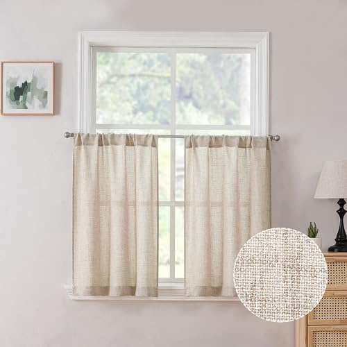 Tollpiz Linen Tier Curtain Rod Pocket Semi Sheer Half Kitchen Curtains Burlap Light Filtering Thick Linen Drape for Bathroom, 30 x 36 inches Long, Natural, Set of 2 Panels