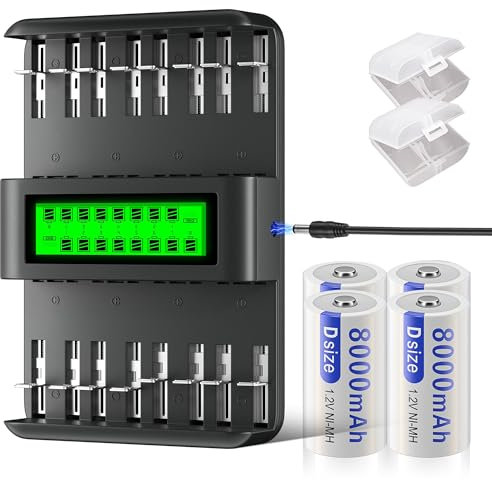 Mspalocell Baterías d batería con Cargador, 4 Piezas 1.2V 8800mAh D Mono batería, Cargador de batería para baterías Recargables AA/AAA/C/D