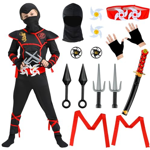 BIQIQI Costume Déguisement Ninja Enfants, 18Pcs Ensemble Ninja Costume pour Garçon, Costume Musculaire Ninja pour Carnaval Halloween Cosplay (M)