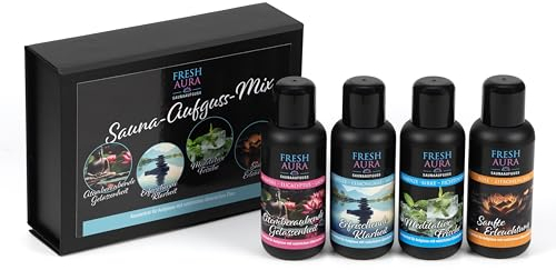 FRESH AURA Saunaaufguss Set – Sauna Aufgussmittel Geschenkset 4 x100 ml mit natürlichen ätherischen Ölen – Sehr ergiebige und langanhaltende Saunadüfte – Erfrischend aromatisch | Made in Germany