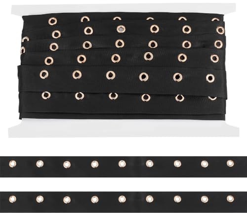 BENECREAT Nastro con Occhielli In Cotone Nero Da 4.5 m, Striscia di Nastro In Twill con Passacavo Largo 25 mm con Anello con Occhielli In Metallo Dorato per Scarpe Da Camicia A Corsetto Artigianato