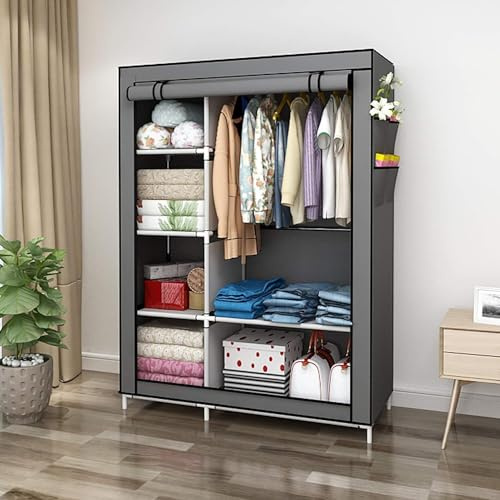 Portable Wardrobe, Foldable Closet, Clothes Storage Organiser with Hanging Rail, Shelves, Fabric Cover, for Bedroom, Cloakroom, 105 x 45 x 175 cm - Fabric Canvas Wardrobe (Grey)