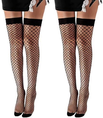 FUIPVGI 2 Paar Halterlose Netzstrümpfe Damen - Oberschenkelhohe Strümpfe mit Fischnetz Pattern, Unisex Einheitsgröße (Schwarz)