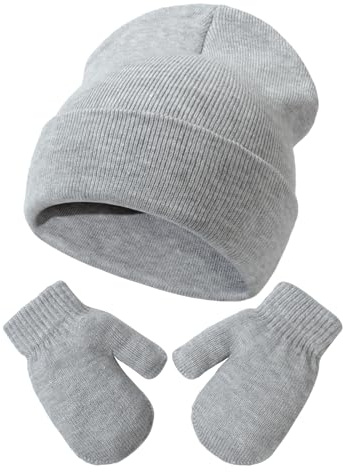 DRESHOW Ensemble Bonnet Beanie et Moufles D'hiver Set pour Bébés et Enfants Ensemble Chapeau et Gants Tricotés Chauds pour 2 Ans - 5 Ans Filles et Garçons