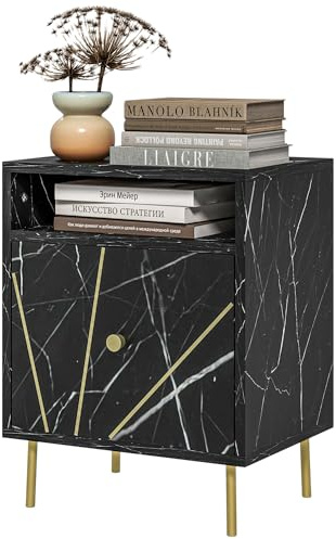 HOMCOM Mesita de Noche Moderna Mesilla de Noche con Efecto Mármol Compartimiento Abierto y Cajón Mesa de Noche para Dormitorio 39x30x50 cm Negro