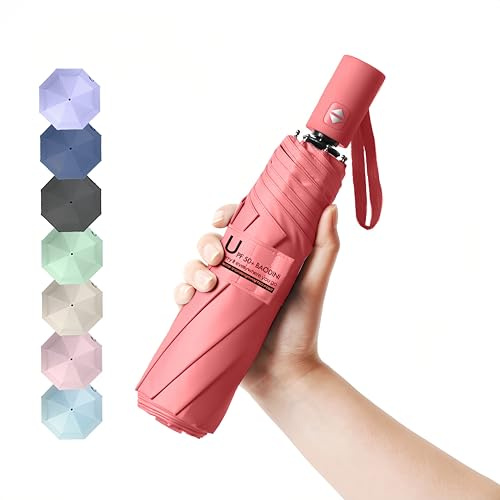 BAODINI Paraguas de viaje pequeño con protección UV compacto para lluvia y sol, UPF 50+, resistente al viento, portátil, 42 pulgadas, para mujeres y hombres