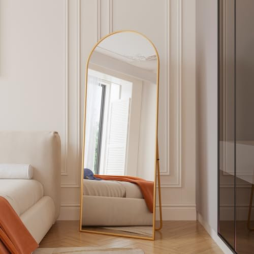 Specchio su piedistallo 165 x 60 cm, grande specchio ad arco a piena lunghezza con telaio in alluminio dorato, grande specchio da parete HD, per soggiorno, camera da letto, corridoio (oro)