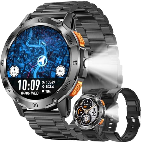 Smartwatch män med Bluetooth-samtal, ficklampa, 400 mAh stort batteri, 1,53 tum AMOLED 5 ATM fitnessklocka med SPO2 blodtrycksmätning, pulsmätare, fitnessklocka för iOS Android (svart)