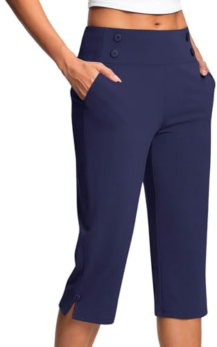 Capri Trousers for Women UK Elastic Waist Summer Pants with Pockets Stretch Straight Leg 3/4 Leggings Knee Length Shorts Ladies Cropped Bottoms Lightweight Golf Work Yoga Pants Plus Size
