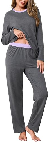 Crewhpo Pijama Mujer Invierno Cuello Redondo Conjunto de Pijamas Manga Larga Algodón Ropa de Dormir con Color Liso Camiseta y Pantalones
