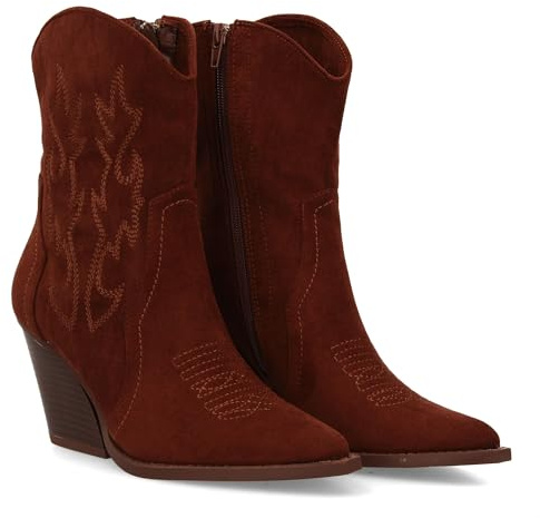 95188 Botin de Tacon Campero para Mujer, Bordado en Cana y Empeine, y Cierre de Cremallera, Otono Invierno Marron Talla 39