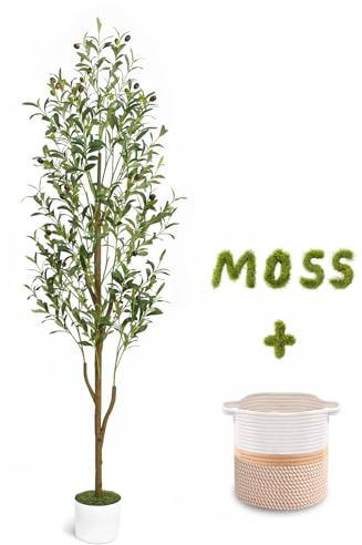 Waipfaru Artificial Olive Tree, 6FT Tall Faux Olive Trees with Planter & Basket, Artificial Plants Indoor with Natural Wood Trunk and Realistic Fruits for Home Decor Office Living Room