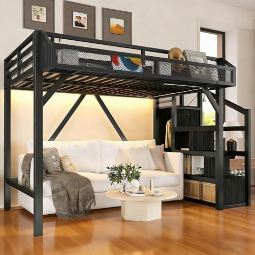 Bellemave Twin XL Loft Bed with Storage Stairs, Shelves & Wardrobe, Twin XL Metal Loft Bed Frame with LED Lights & USB Ports for Kids Teens, Noise-Reduced Design, Black