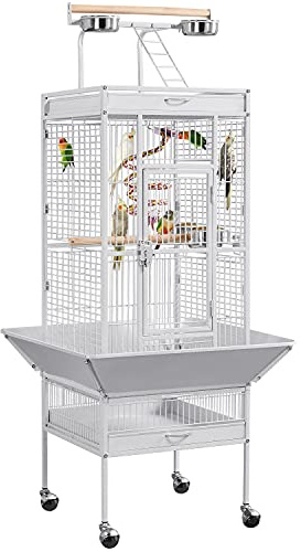 Yaheetech Grande Cage Oiseau Cage Perroquet Volière Oiseaux Intérieur Exterieur avec roulettes pour Cacatoès Perruche Canaris Perroquet Blanc
