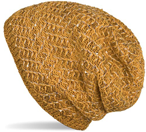 styleBREAKER Damen Strick Beanie Mütze mit Pailletten und Thermo-Fleece Futter, Winter Slouch Beanie 04024168, Farbe:Curry