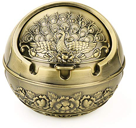 Vintage Decorative Windproof Ashtray with Lid for Cigarettes Metal Portable Cigar Ashtray Odor Eliminator Indoor outdoor Hand Carved Fancy Gift Ornament for Men Women Home Office(Peacock-Bronze)