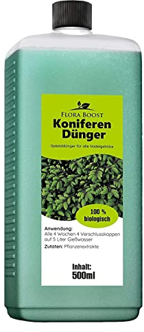 Konfitee Koniferen Dünger Flora Boost 500ml I Für bis zu 100L Gießwasser I Dünger für Koniferen, Tannen & Thujen geeignet I Flüssiger Blatt- & Wurzeldünger I 100% natürlicher Pflanzendünger
