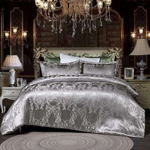 DXHOME Bettwäsche Seide 200x200 Microfaser Grau Jacquard Silber Satin Bettbezug 3teilig Graue Romantisch Seiden Wendebettwäsche Set Blumen Muster Modern Bettwaesche Kopfkissenbezug 80x80 cm Ornamente